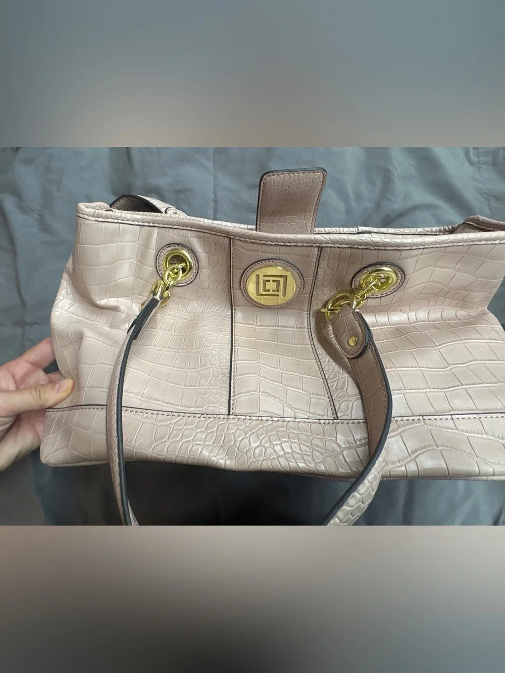 Liz Claiborne Y2K Blush Pink Croc Embossed Tote Shoulder Bag Gold Hardware